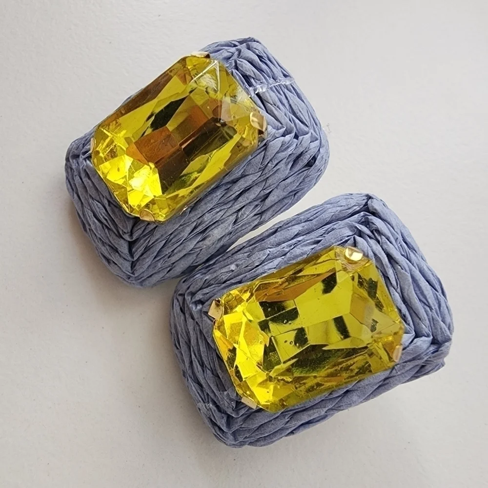 NWT Blue Yellow Raffia Emerald Cut Stone Colorful Rectangle Earrings
